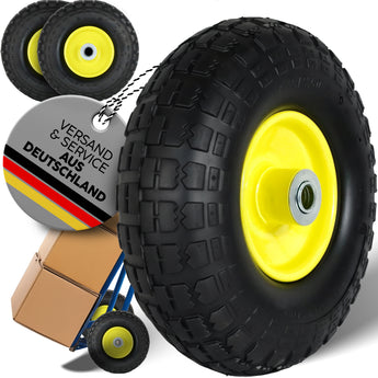 FROSAL Ersatzrad pannensicher 4.10/3.50-4 (260x85) – PU Rad mit Kugellager, Nabenlänge 50 mm, Achsdurchmesser 16 mm, gelbe Stahlfelge – für Bollerwagen & Sackkarre 2 Stück